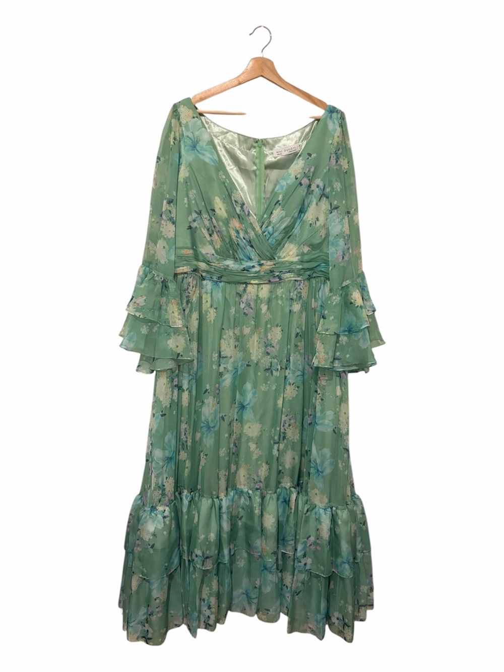 Mac Duggal Floral Tiered Maxi Dress Green Size 22 Chiffon Ruffles A Line 68257 - Picture 2 of 9